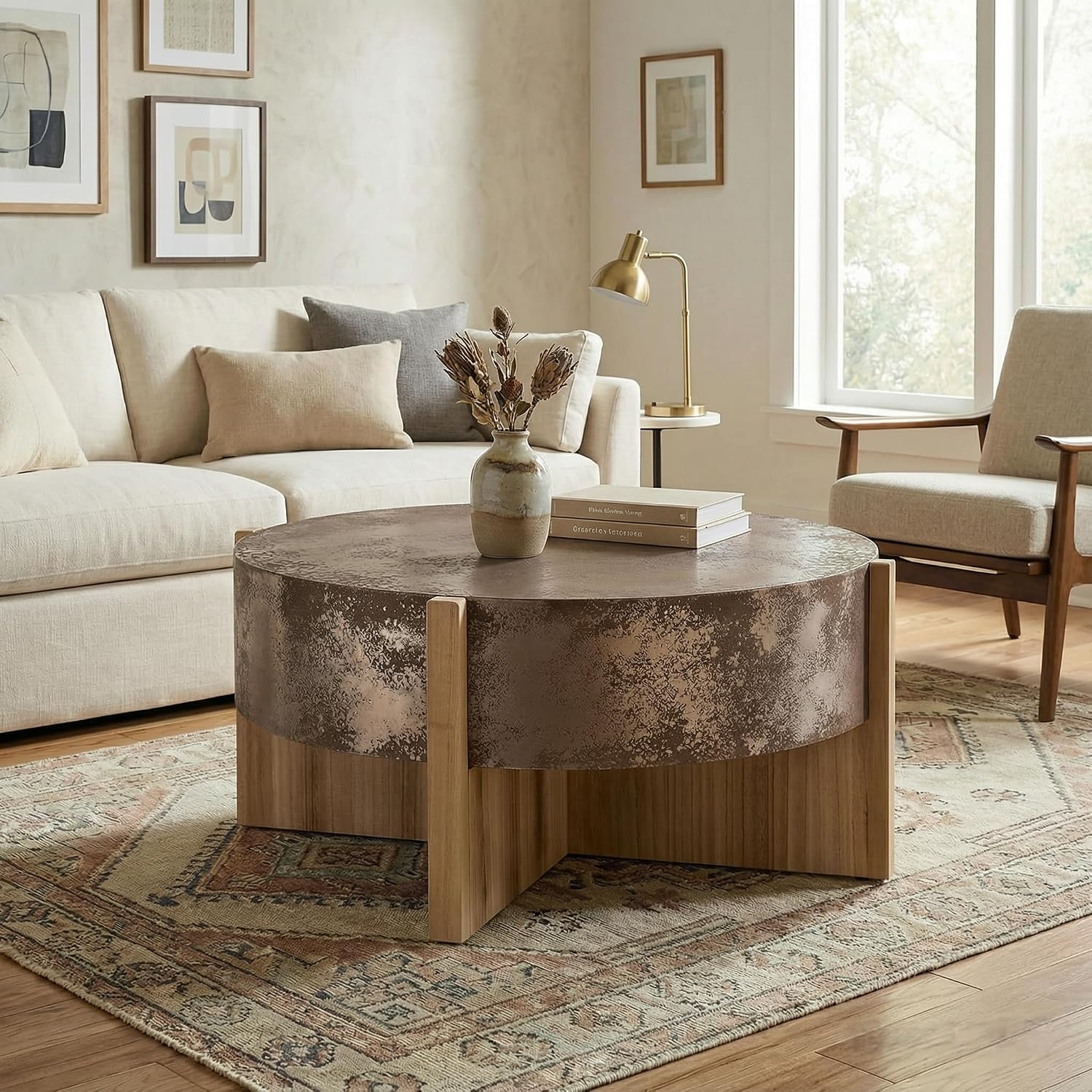 Christopher Knight Home Ember Rustic Coffee Table, 33' Modern Round Wood Accent Table with Burnt Legs, Indoor Living Room Side Table, Wooden End Table with Cross Base, Easy Assembly, Natural + Rustic