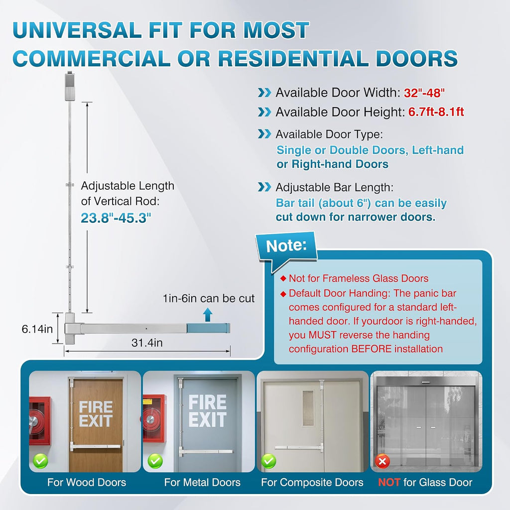 IRONWALLS Surface Vertical Rod Exit Device, 32in Commercial Door Push Bar Panic Device with Single Point Top Latching, Stainless Steel Emergency Exit Panic Bar for 32'-48' (W), 6.7ft-8.1ft (H) Doors