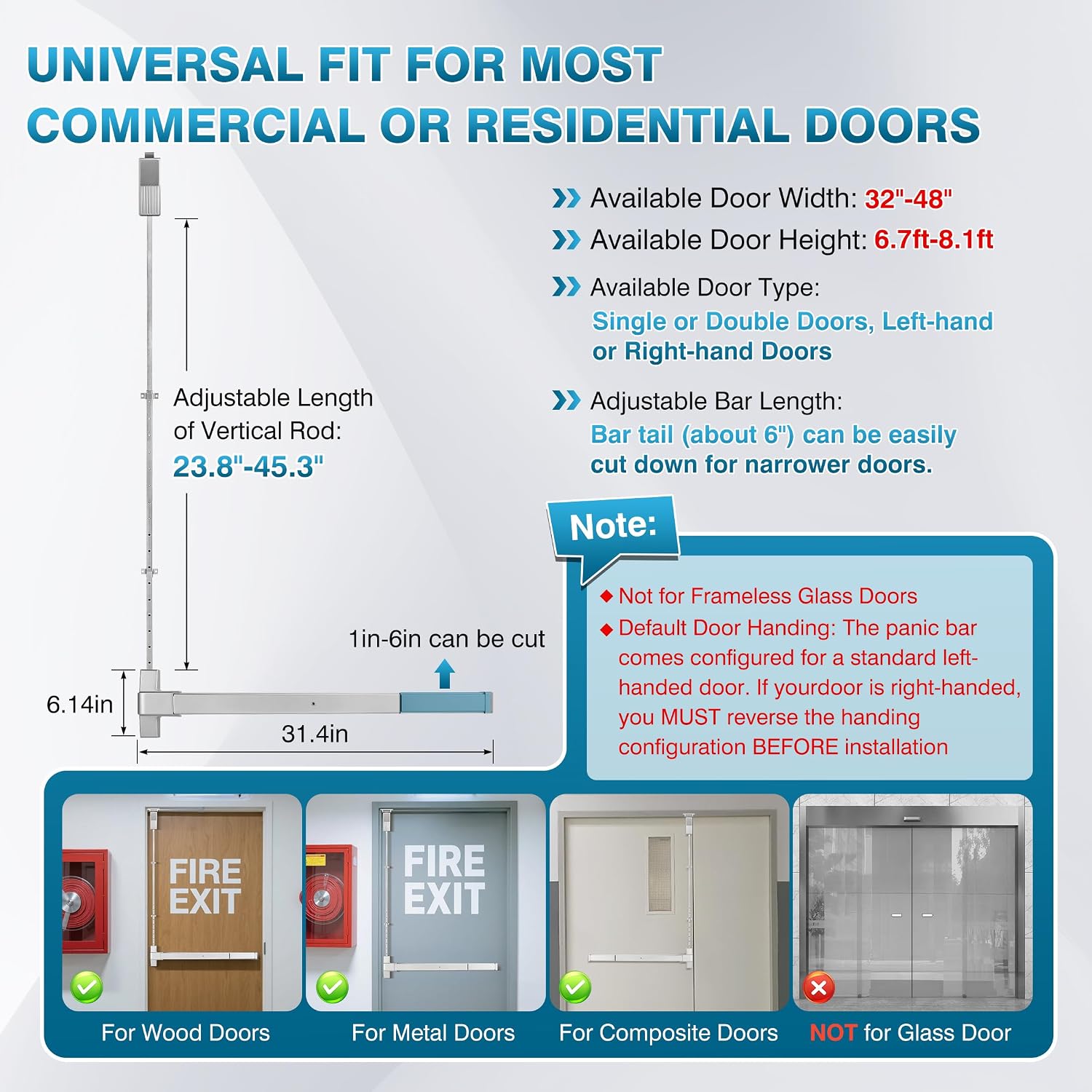 IRONWALLS Surface Vertical Rod Exit Device, 32in Commercial Door Push Bar Panic Device with Single Point Top Latching, Stainless Steel Emergency Exit Panic Bar for 32'-48' (W), 6.7ft-8.1ft (H) Doors