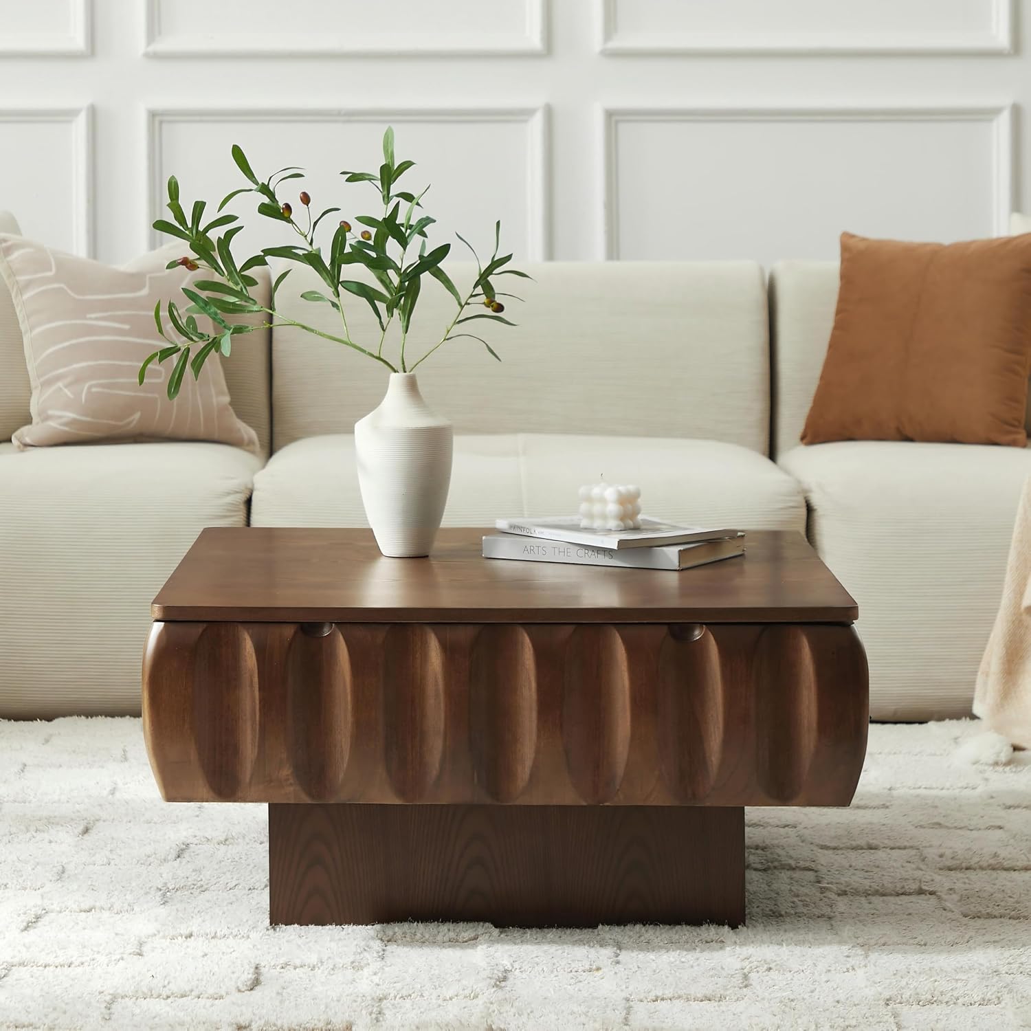 31.1'' Lift Top Coffee Table with Hidden Storage Space, Modern Drum Handcraft Wood Fluted Square Coffee Table for Living Room, Easy Assembly, Walnut