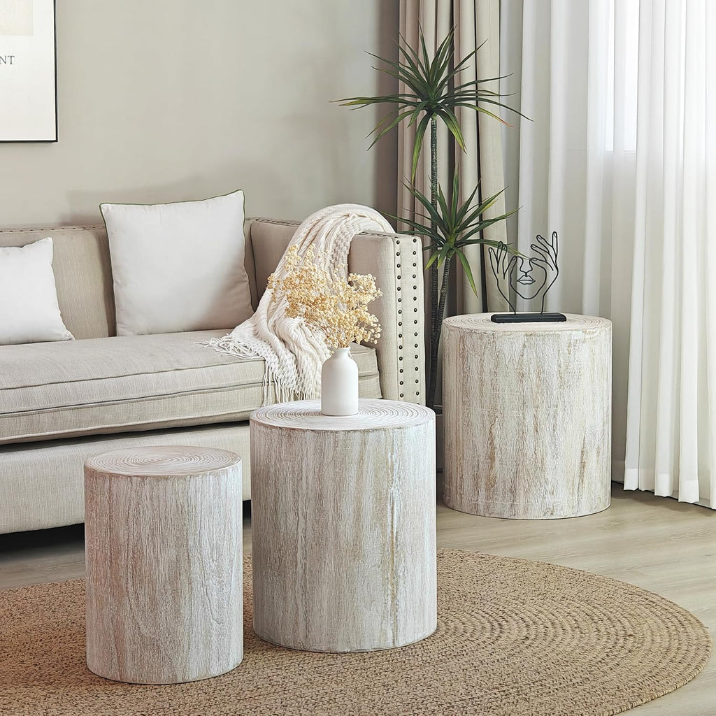Wood Coffee Table Set of 3 for Living Room Round Wooden Coffee Tables with Clear and Visible Tree Rings - Antique White