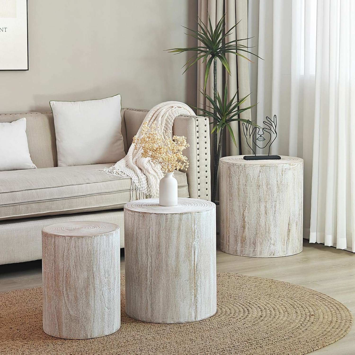 Wood Coffee Table Set of 3 for Living Room Round Wooden Coffee Tables with Clear and Visible Tree Rings - Antique White