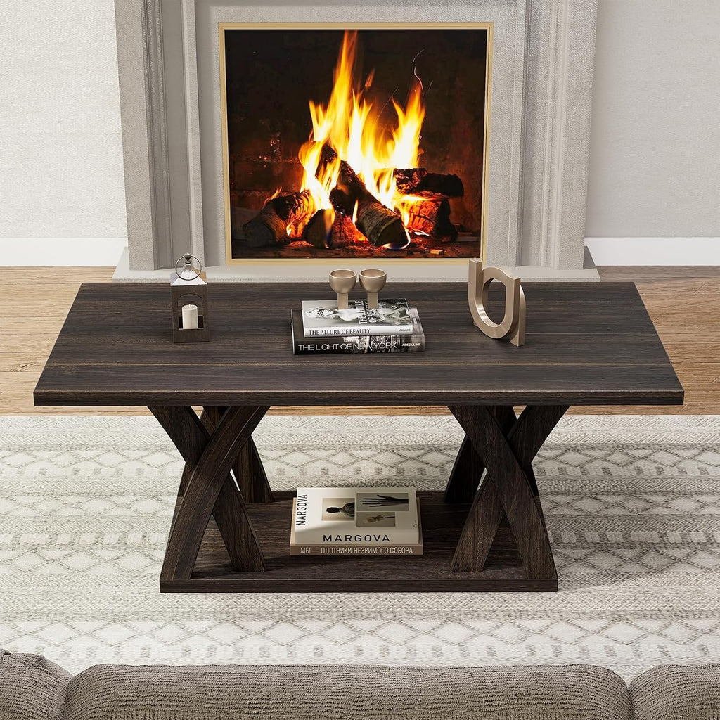 FROMJBEST Farmhouse Coffee Table with Shelf, Wood Coffee Table for Living Room, Open Display Area,47' Dark Brown