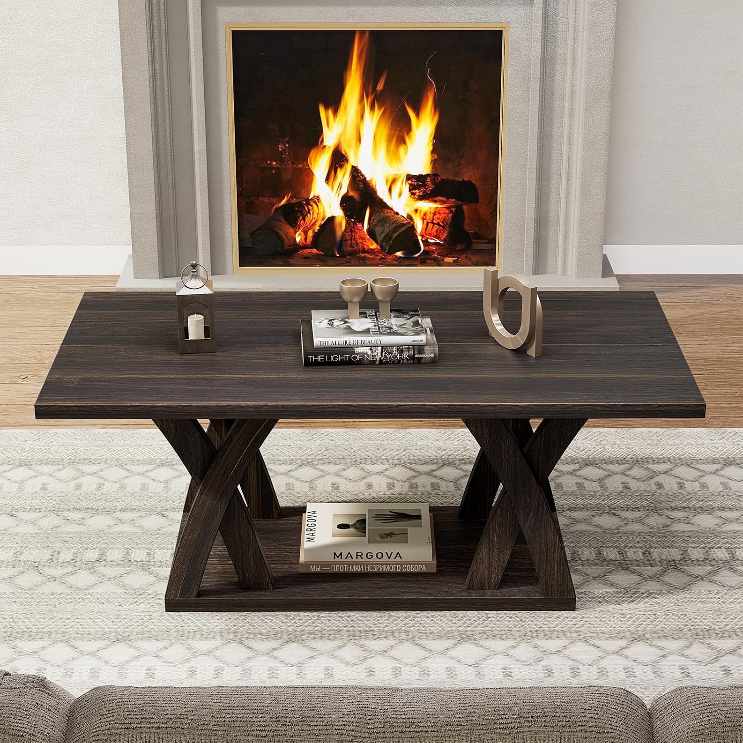 FROMJBEST Farmhouse Coffee Table with Shelf, Wood Coffee Table for Living Room, Open Display Area,47' Dark Brown