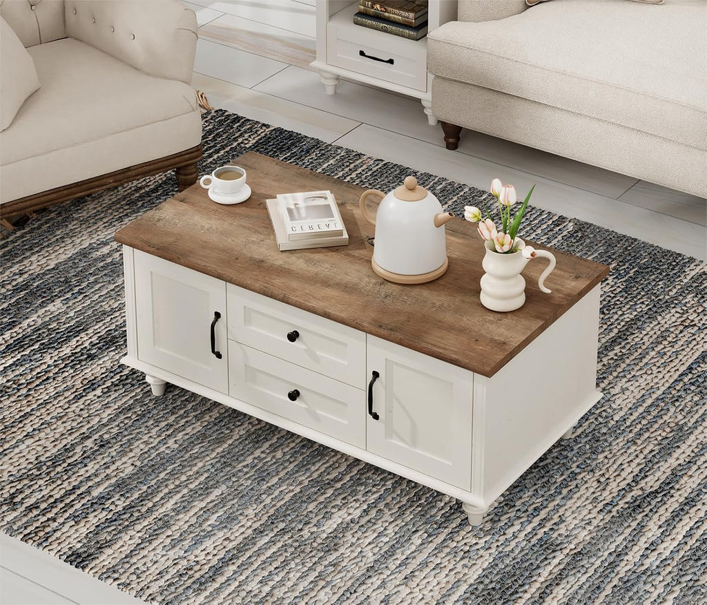 WAMPAT Modern Coffee Table with Storage Cabinet, White Coffee Tables for Living Room, Wood Rectangle Center Table with Drawer, Rustic Tea Table for Home, Off White