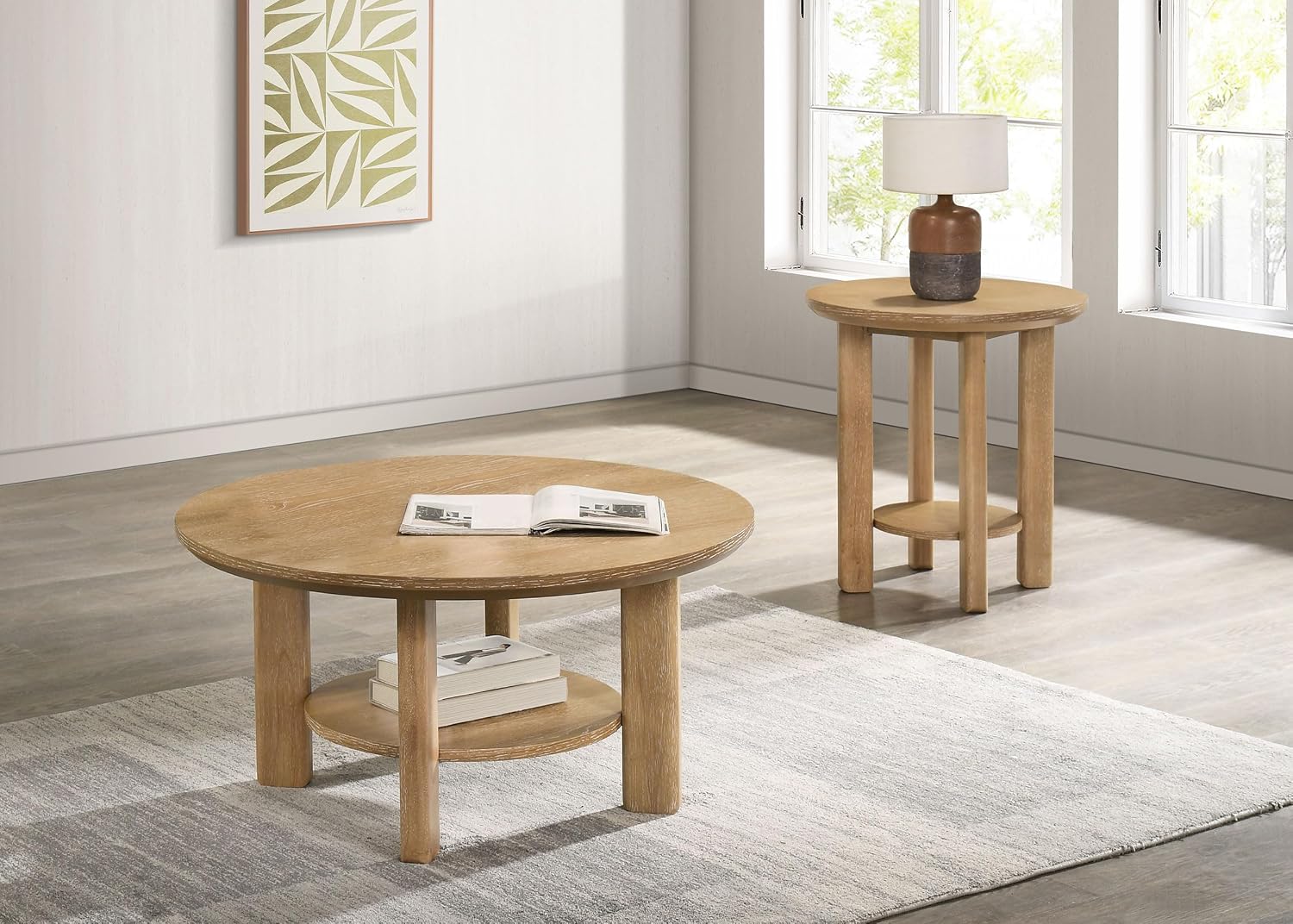 Coaster Home Furnishings - Ottowa - Wood - 2-Piece Coffee Table Set with Rounded Shapes, Thick Cylindrical Legs, Open Shelves and Transitional Style - Living Room - Light Oak - 706298-S2