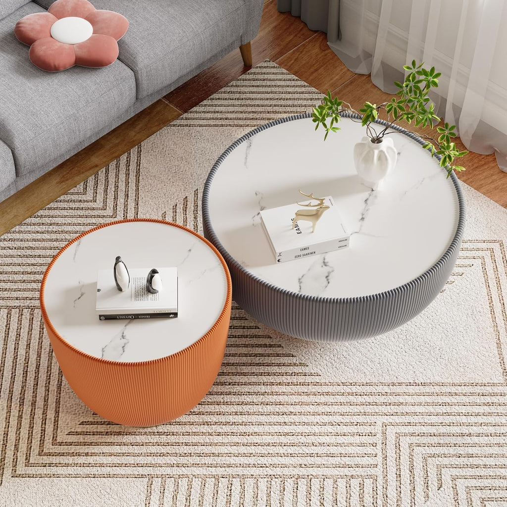 Round Coffee Table Set of 2, Sintered Stone Grey Coffee Table with Orange End Table, Nesting Tables for Living Room, Accent Side Table for Apartment Home Office, No Need Assembly