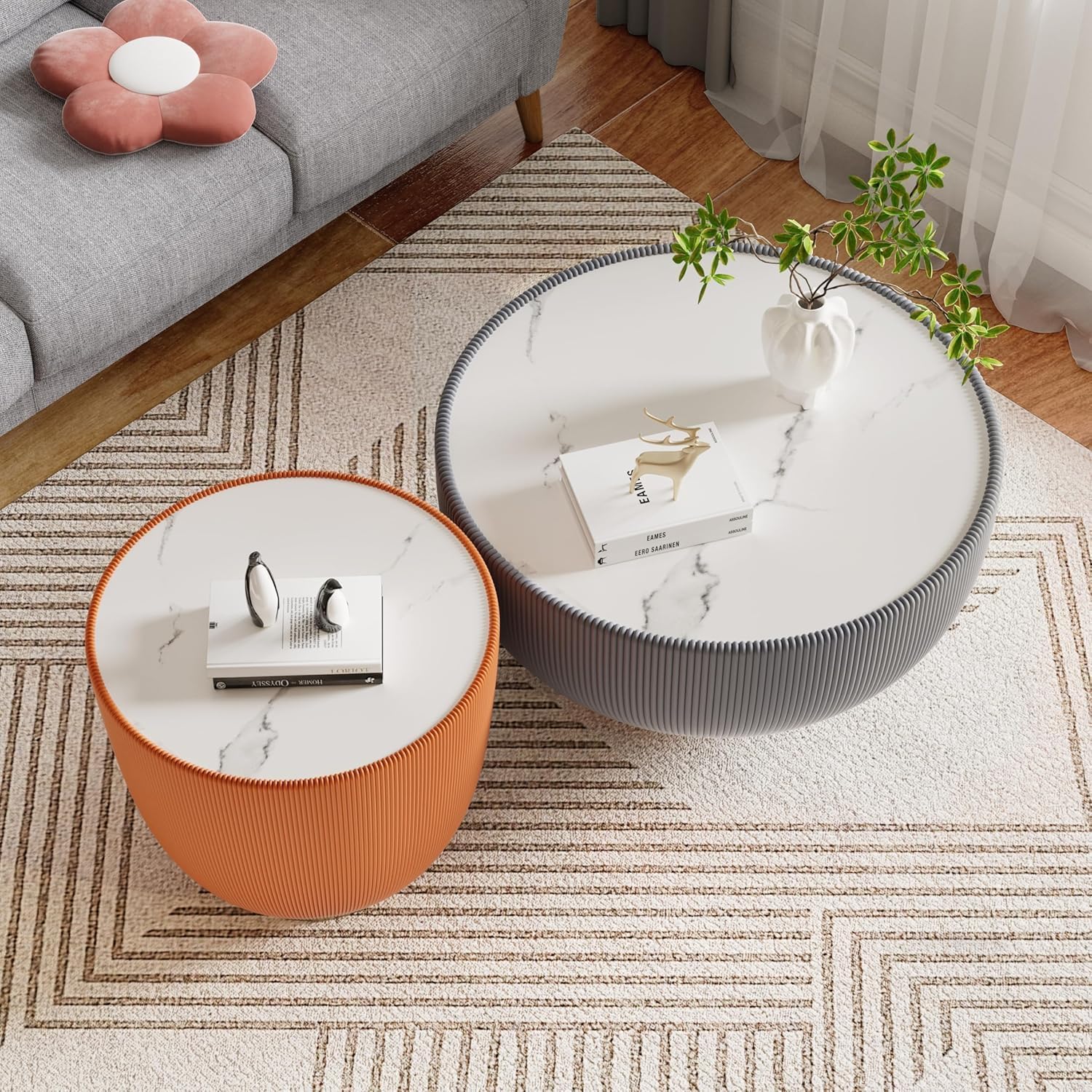 Round Coffee Table Set of 2, Sintered Stone Grey Coffee Table with Orange End Table, Nesting Tables for Living Room, Accent Side Table for Apartment Home Office, No Need Assembly