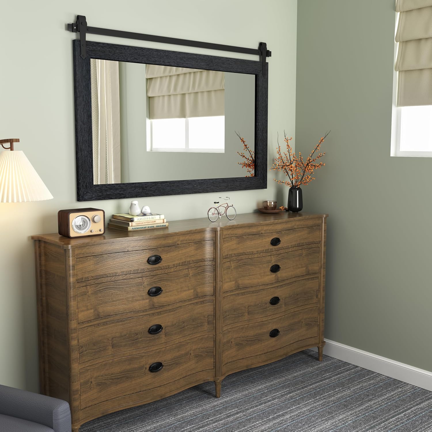 Farmhouse Mirror 42'x28' Black Rustic Mirror for Wall Vanity Mirrors Barn Door Style Decor Bathroom Living Room Entryway Bedroom Mirrors