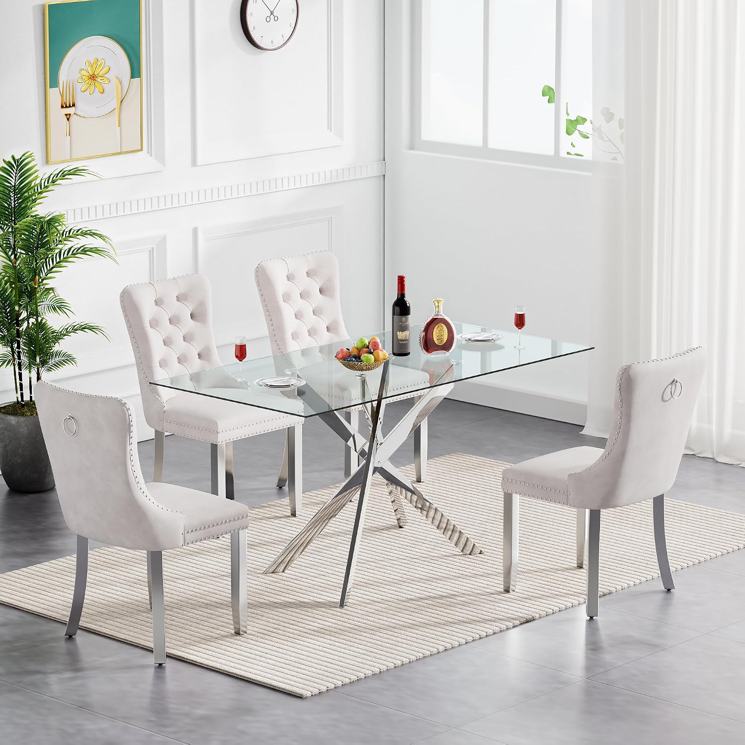 51' Modern Dining Table Set for 4, Rectangular Tempered Glass Dining Table and 4 Beige Velvet Dining Chairs, Luxury 5 Piece Kitchen Dining Room Tables Set with Silver Chrome Metal X-Base