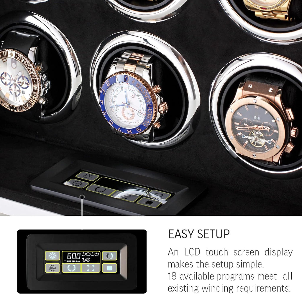 Watch Winder for 6 Watches with LED Light, LCD Display and Motor-Stop Option
