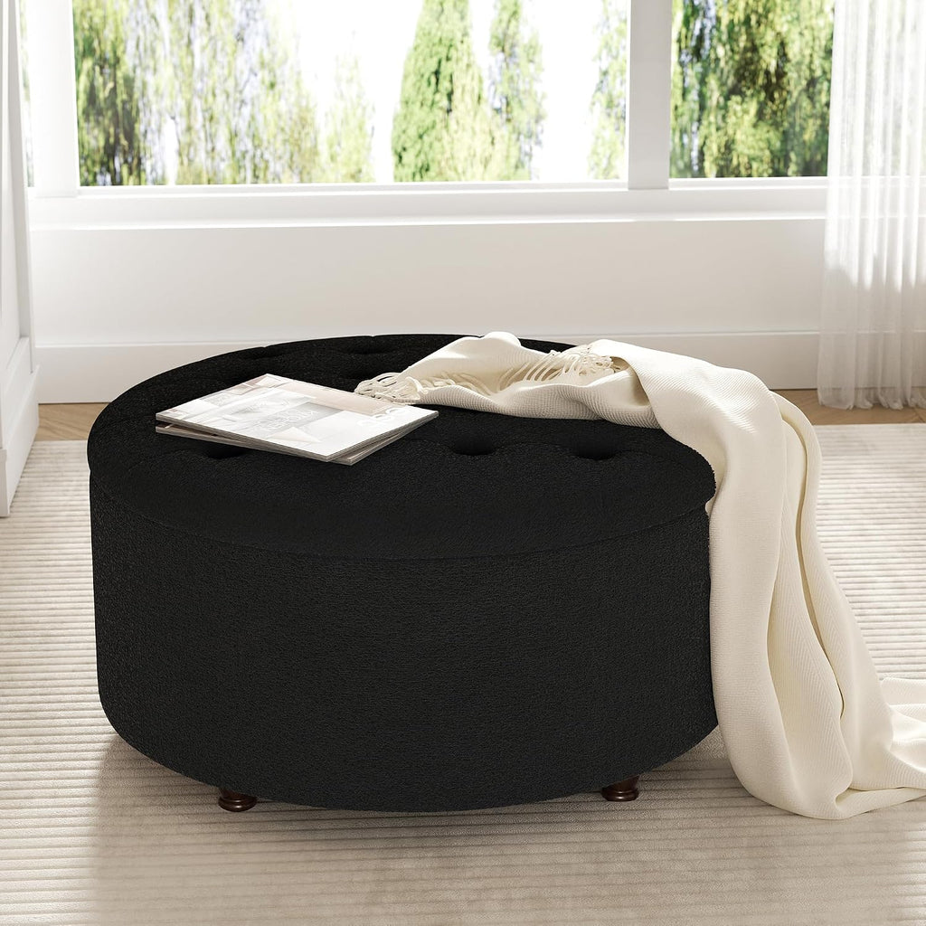30 Inch Round Storage Ottoman,Modern Tufted Ottomans,Circular Coffee Table with Removable Top,Upholstered Large Ottoman with Storage Footrest Stool for Bedroom Living Room (Teddy Black)