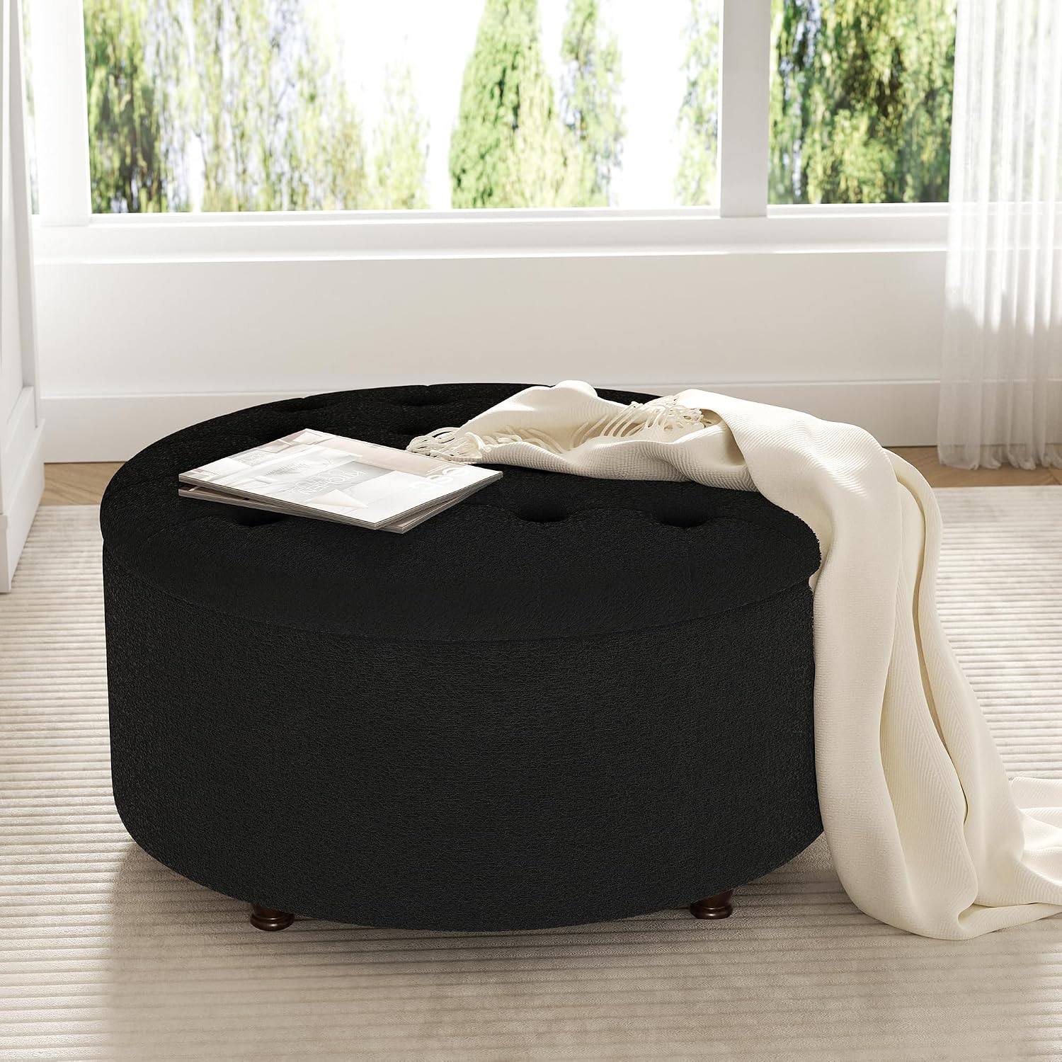 30 Inch Round Storage Ottoman,Modern Tufted Ottomans,Circular Coffee Table with Removable Top,Upholstered Large Ottoman with Storage Footrest Stool for Bedroom Living Room (Teddy Black)