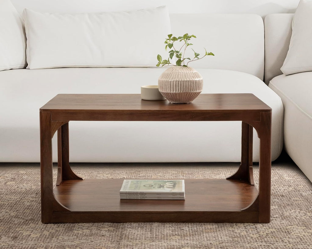Kate and Laurel Dahl Transitional Rectangular Coffee Table; 36 x 20 x 18; Walnut Brown; Modern Rectangle Living Room Table with Solid Mango Wood Construction and Extra Underlying Storage