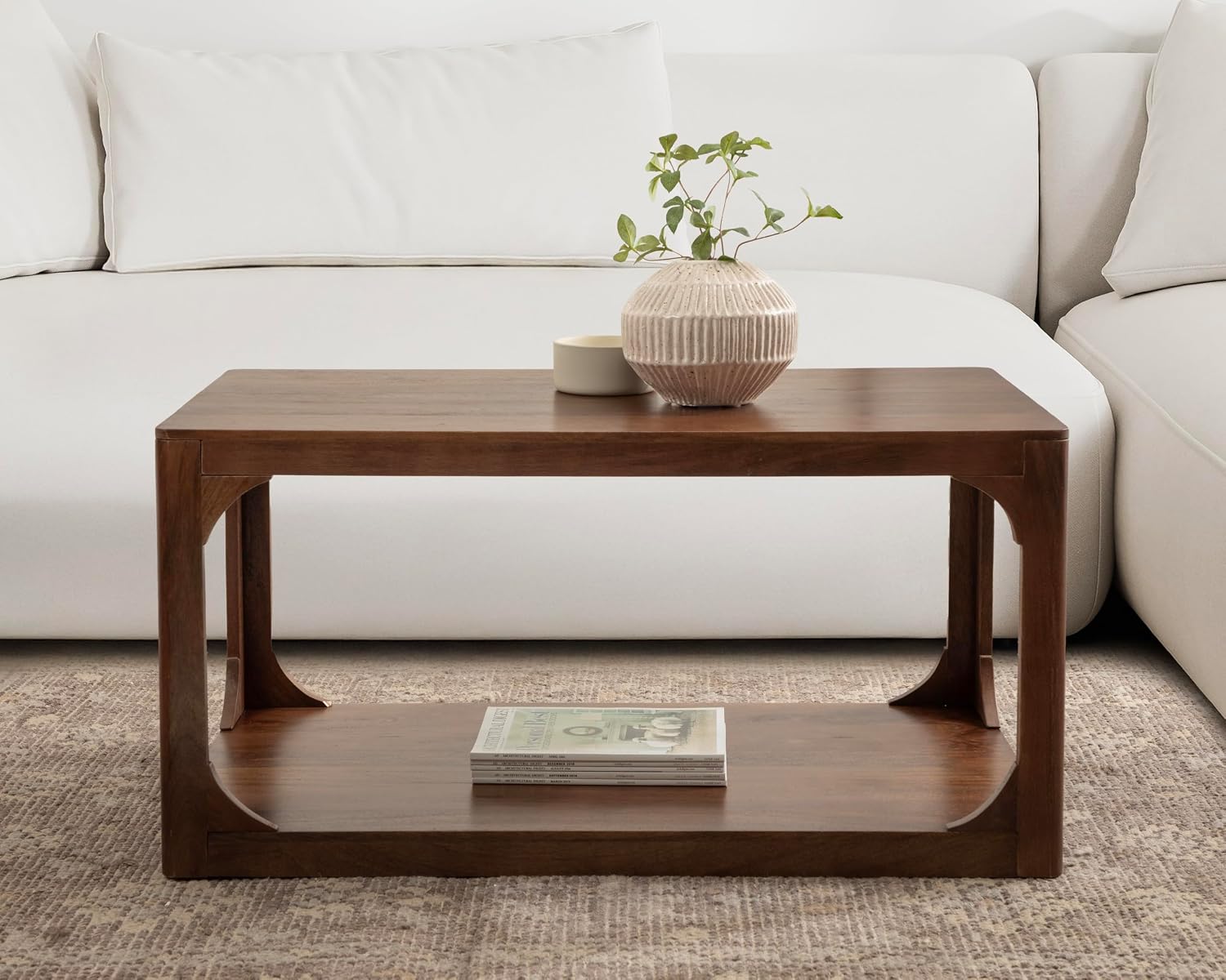 Kate and Laurel Dahl Transitional Rectangular Coffee Table; 36 x 20 x 18; Walnut Brown; Modern Rectangle Living Room Table with Solid Mango Wood Construction and Extra Underlying Storage