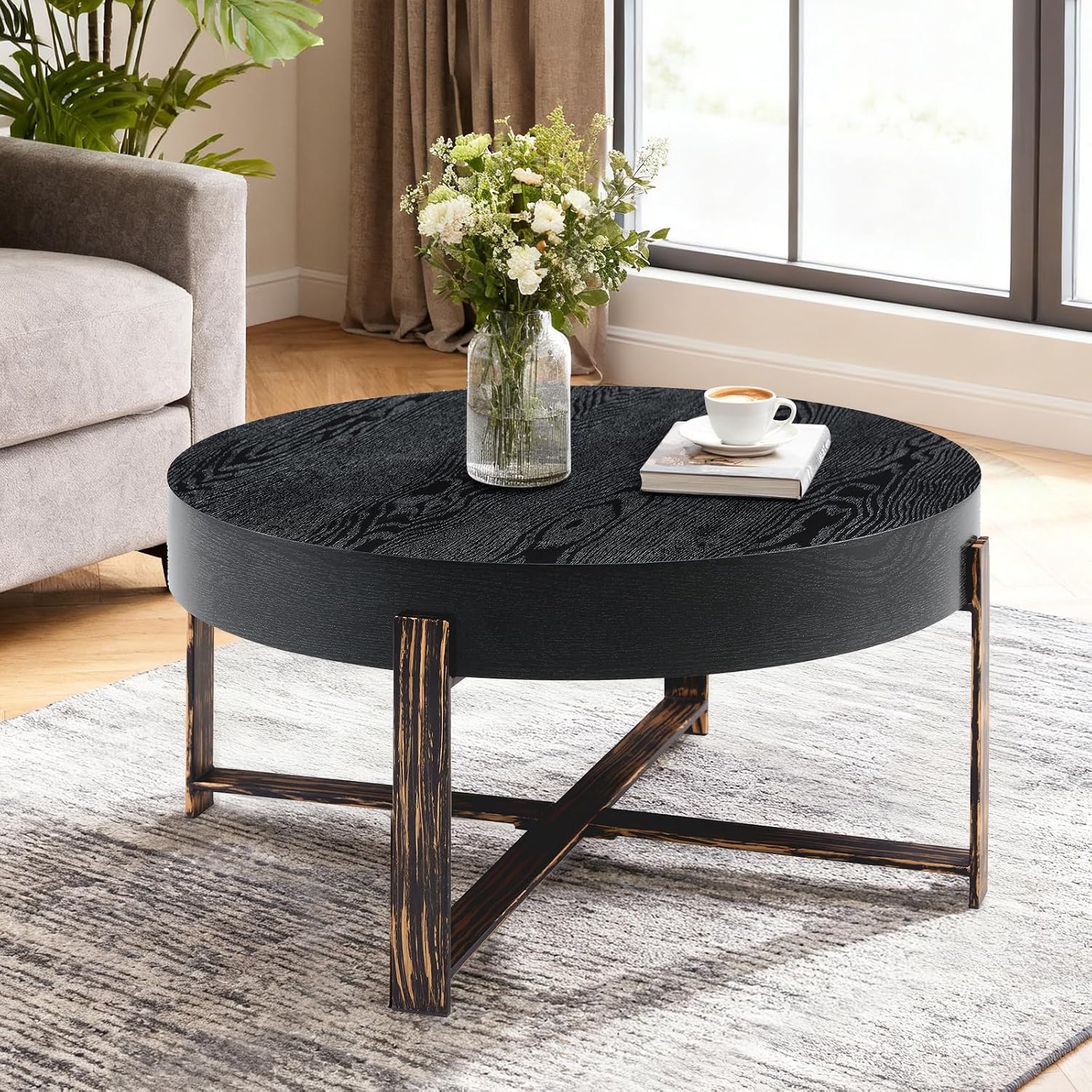 Round Coffee Table, 30.7' Modern Coffee Tables for Living Room, Circular Wooden Center Tea Table with Metal Legs for Apartment Office Small Space, Black