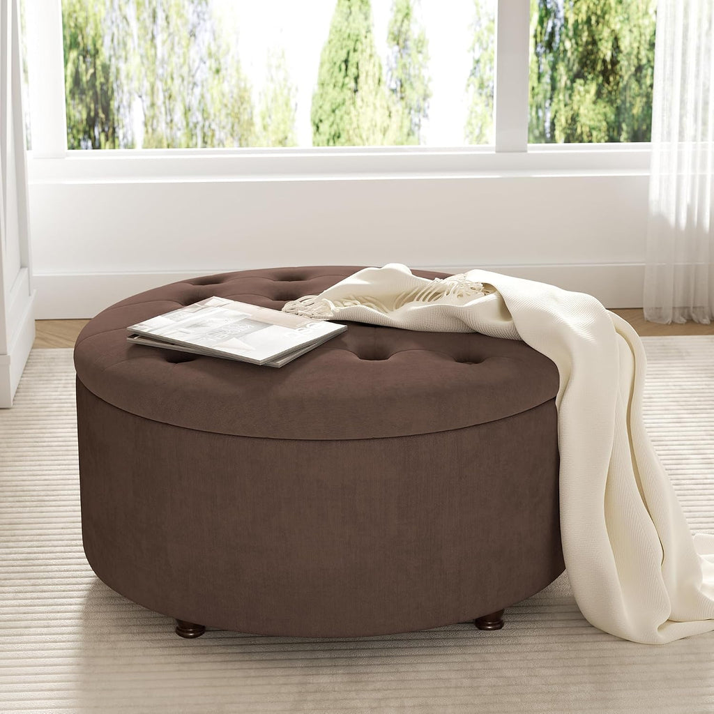 30 Inch Round Storage Ottoman,Modern Tufted Ottomans,Upholstered Large Ottoman with Storage with Removable Top Footrest Stool for Bedroom Living Room (Darkbrown)