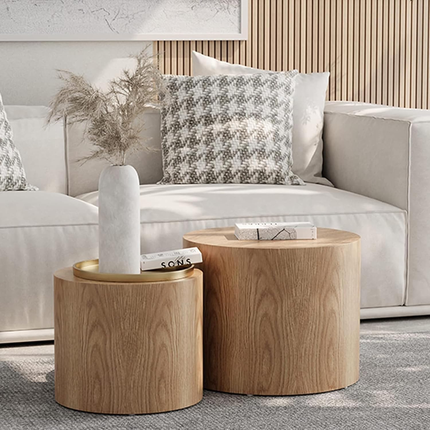 Nesting Coffee Table Set of 2, Modern Nesting Side Table End Table Set Small Round Accent Tables for Small Spaces Wood Circle Coffee Table for Living Room Bedroom Office