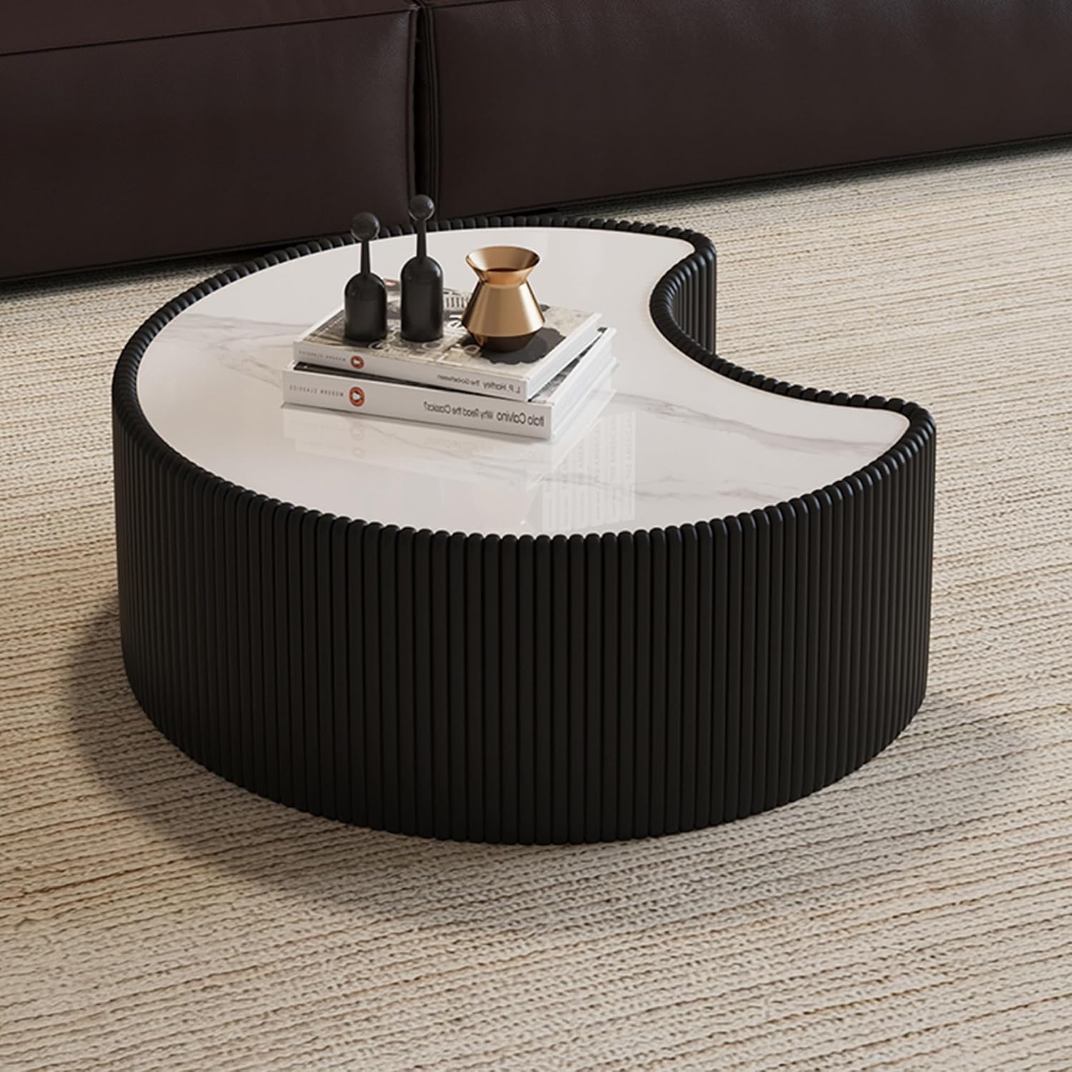 29.53' Marble Coffee Table, Modern Creative Moon Coffee Table with Sintered Stone Top and PU Leather Covered, Black Fluted Cocktail Center Tea Coffee Tables for Living Room,No Need Assembly