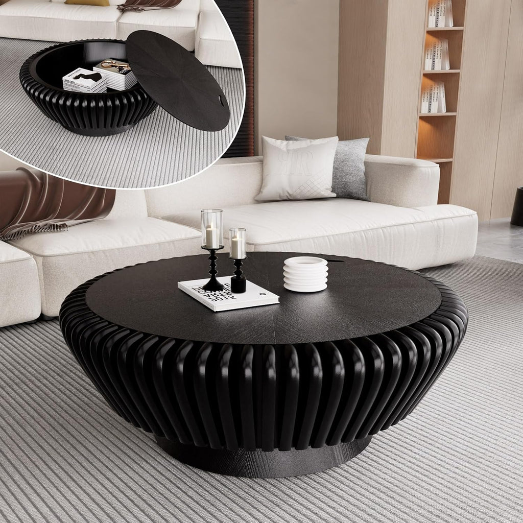35.4' Fluted Coffee Table with Storage Rustic Chic Circle Drum Center Tables - Handcraft Solid Wood Fluted Veneer for Living Room (L Black 35.4in)