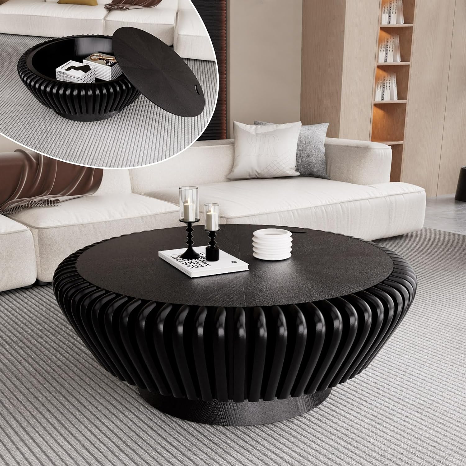 35.4' Fluted Coffee Table with Storage Rustic Chic Circle Drum Center Tables - Handcraft Solid Wood Fluted Veneer for Living Room (L Black 35.4in)