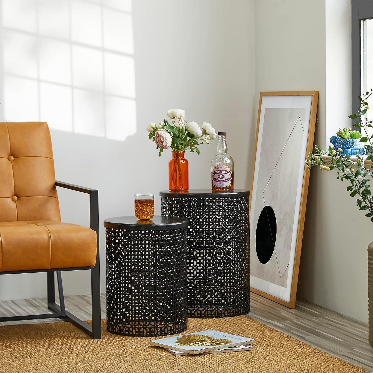 Glitzhome Accent Tables Living Room Set of 2, Round Metal Side End Table, Small Circle Coffee Bedside Table, Planter Stand for Couch Nightstand Bedroom Patio Backyard, Glossy Black
