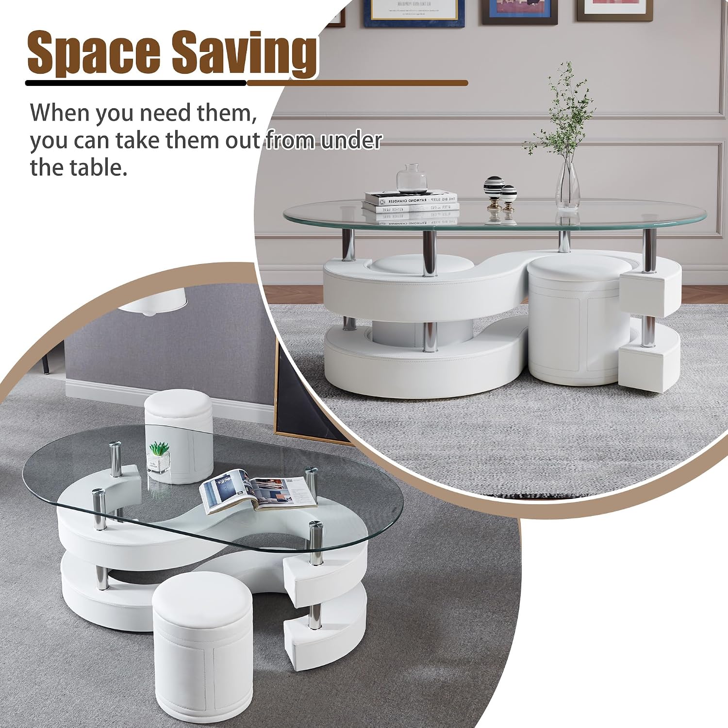 Glass Coffee Table Set with 2 Stools, 49' Oval Coffee Table with Tempered-Glass Table Top and 2 Leather Stools, Modern Center Table Set for Living Room, Home Office