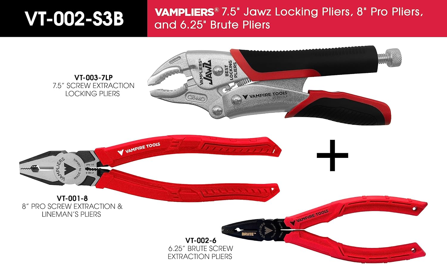 VAMPLIERS 3-PC Specialty Screw Extraction Pliers Set. Includes 8' PRO Linesman Pliers + JAWZ 7.5' Vise-Grip Locking Pliers + BRUTE 6.25' Black Oxide Finish Pliers: VT-002-S3B.