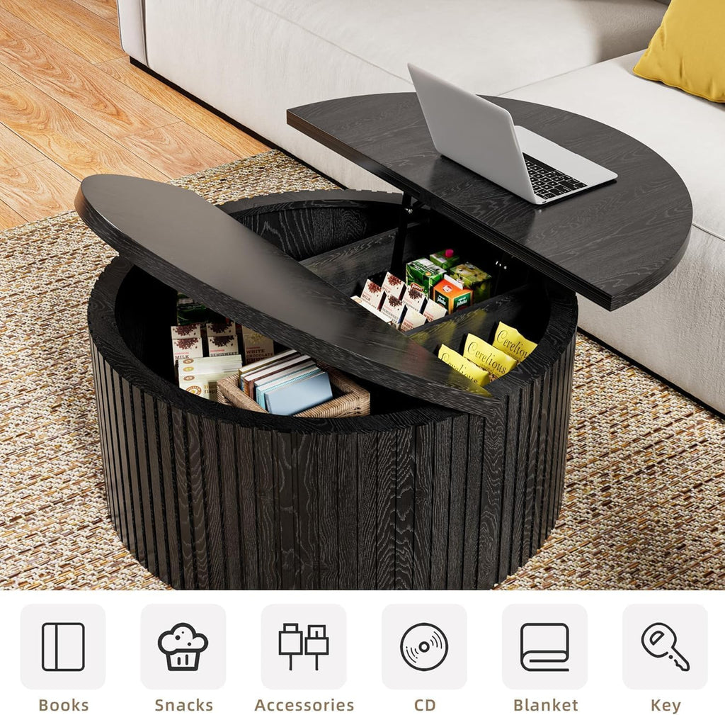 Fsbecl Round Lift Top Coffee Table with Storage, 31.6'' Modern Coffee Tables for Living Room, Fluted Wood Center Table for Office, Small Space (Black)