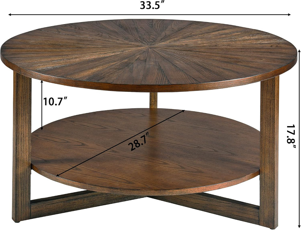 PADMA HOUSE 33.5' Round Wood Coffee Table, 2-Tier Solid Wood Rounded Circle Accent Coffee Table Center Cocktail Table Vintage Furniture for Home Living Room Bedroom,Espresso Brown 3338NC