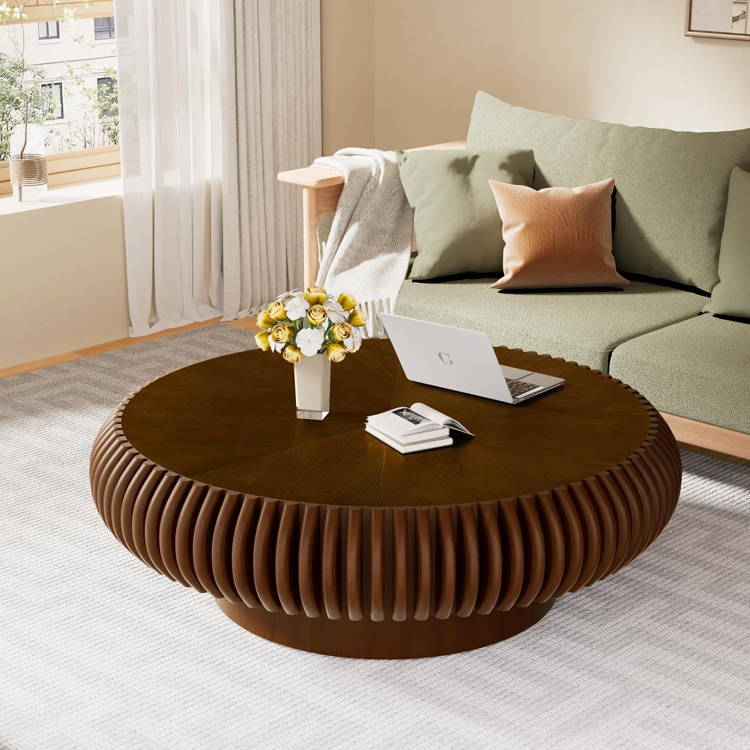 39.37' Round Drum Coffee Table, Modern Fluted Coffee Tables with Solid Wood Veneer, Wooden Circle Center Table for Living Room, Small Spaces, and Apartments, Easy Assembly
