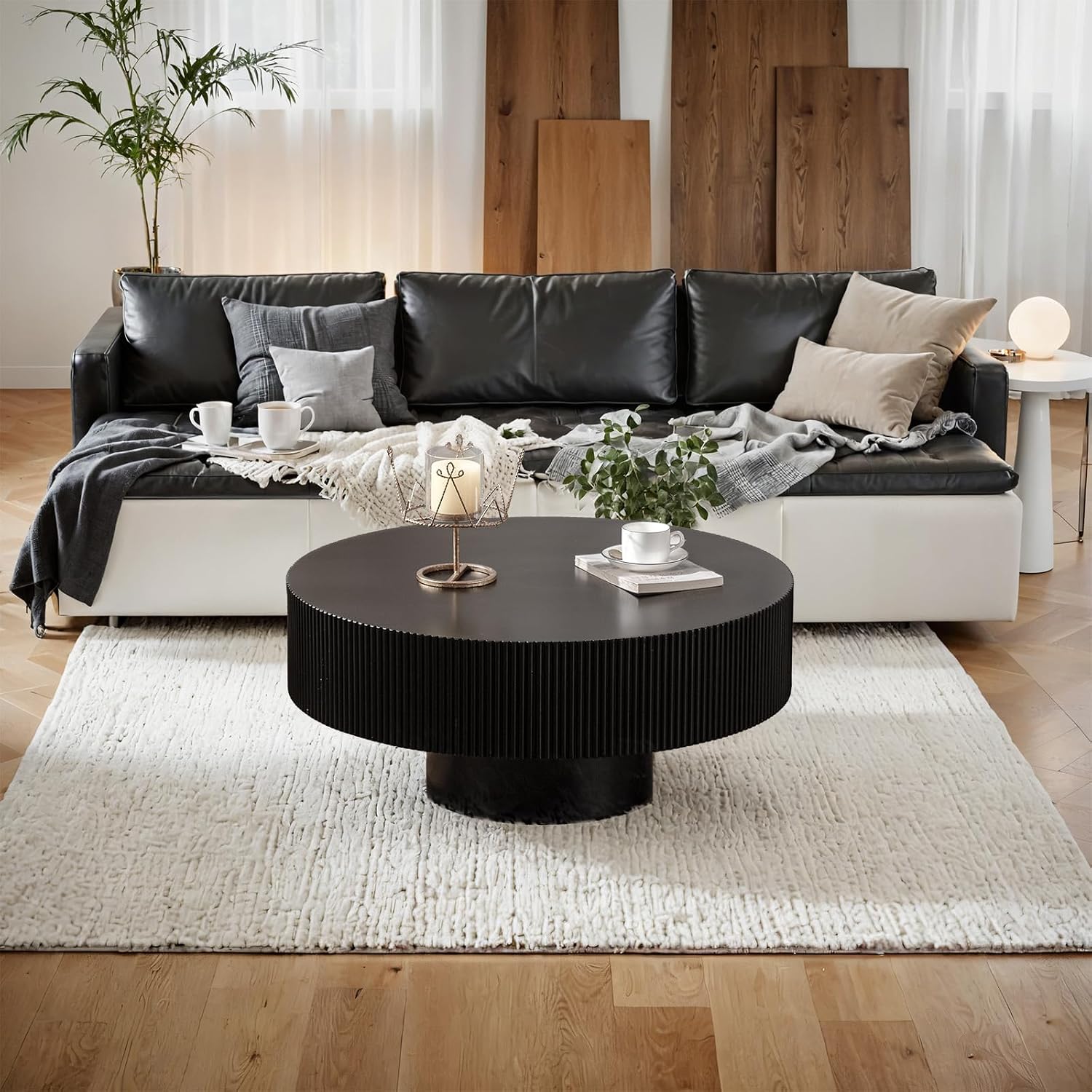 Round Fluted Coffee Table Round Drum Coffee Table for Living Room Modern Circular Pedestal Center Table (Circle Black 30.9in)