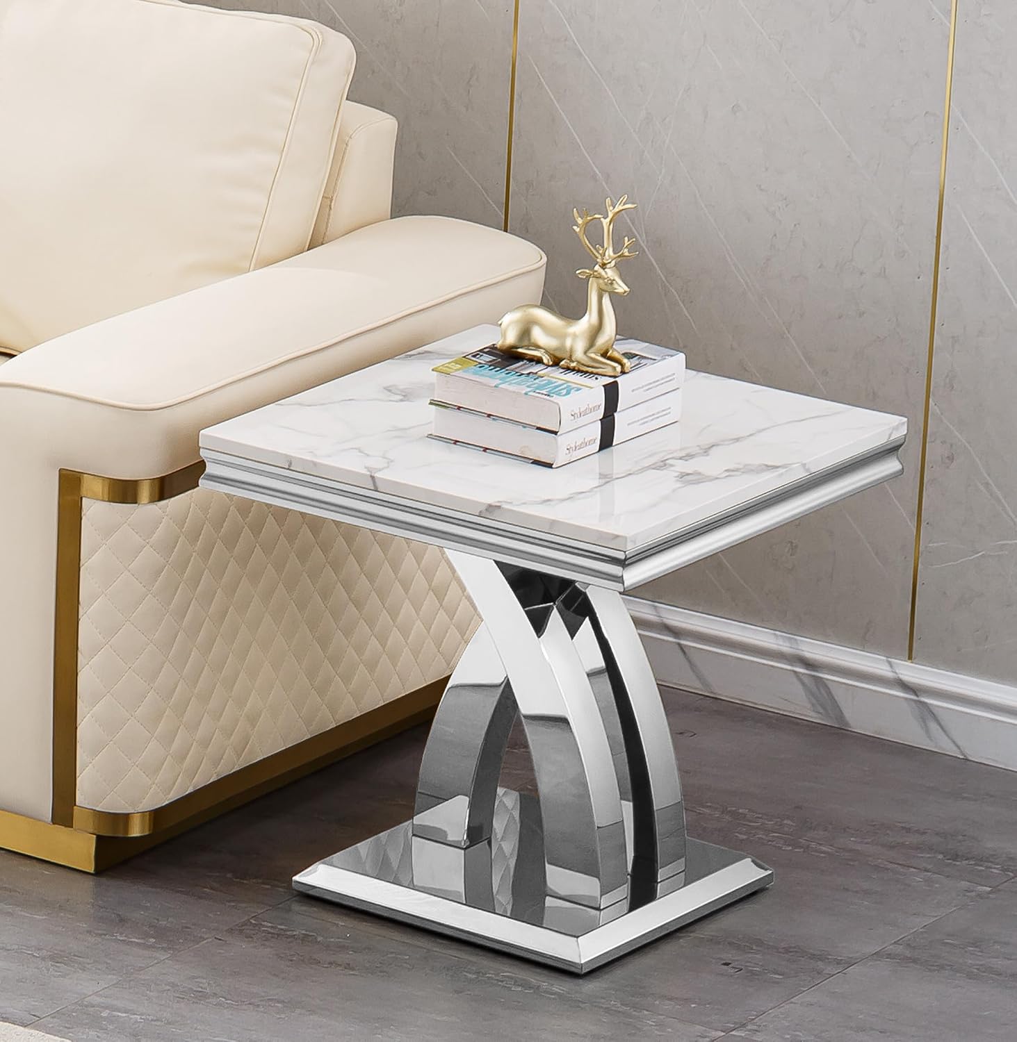 Modern Marble End Table,22' Suqare Side Table with Silver X-Shape Stainless Steel Base,Luxury White Faux Marble End Table Nightstand Pedestal Stand Lamp Table for Hallway, Living Room, Bedroom