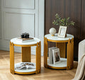Round Marble Side Table Set of 2 Luxury 2-Tier End Table with Gold Metal Frame Modern Living Room Table Elegant White Nightstand Sofa Side Table with Storage Shelves