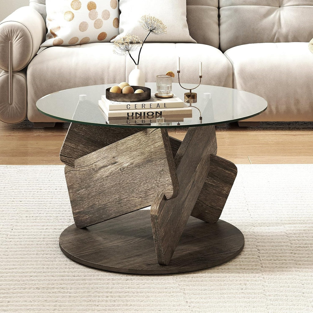 Giantex Glass Round Coffee Table, 32 Inch Modern Center Table with Clear Tempered Glass Top, Solid Wood Legs, Farmhouse Living Room Tables for Small Space, Apartment, Grey Oak