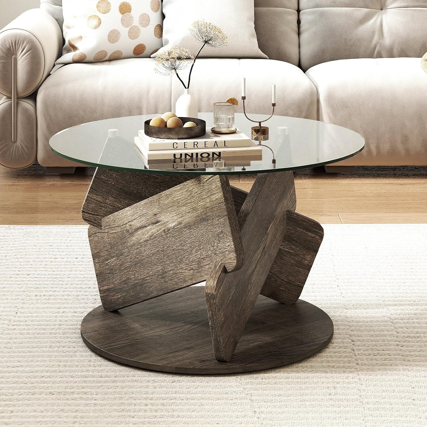 Giantex Glass Round Coffee Table, 32 Inch Modern Center Table with Clear Tempered Glass Top, Solid Wood Legs, Farmhouse Living Room Tables for Small Space, Apartment, Grey Oak