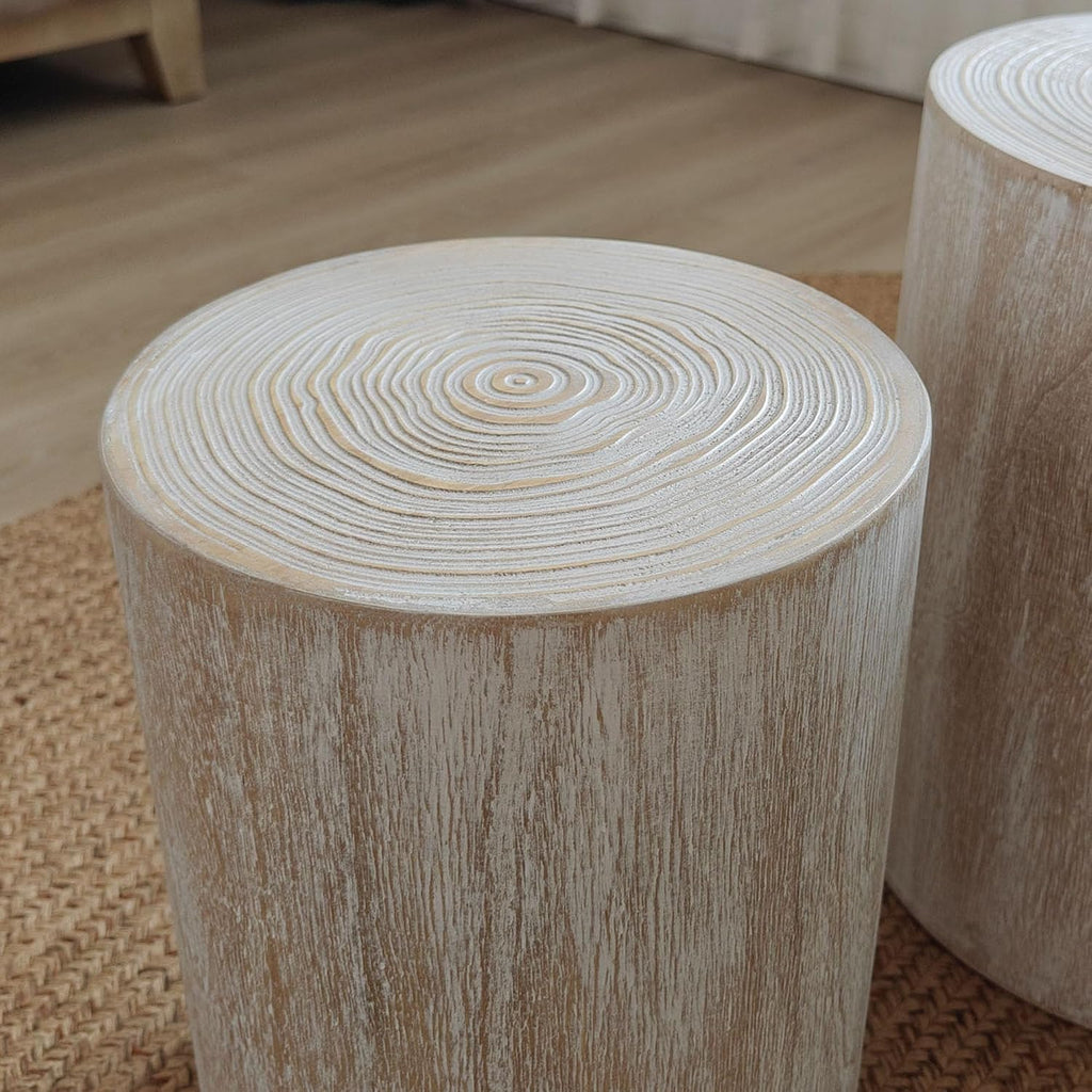Wood Coffee Table Set of 3 for Living Room Round Wooden Coffee Tables with Clear and Visible Tree Rings - Antique White