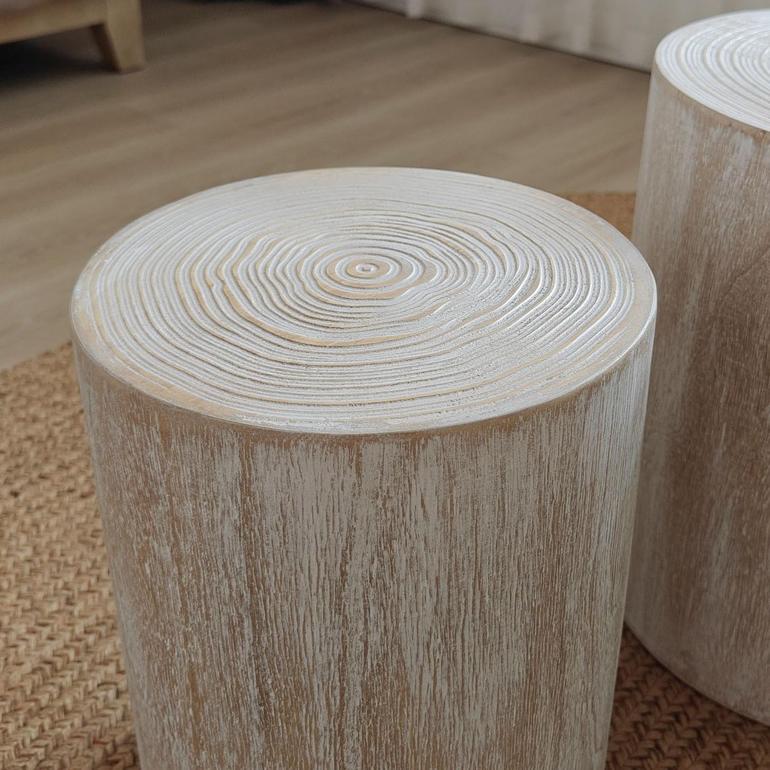 Wood Coffee Table Set of 3 for Living Room Round Wooden Coffee Tables with Clear and Visible Tree Rings - Antique White