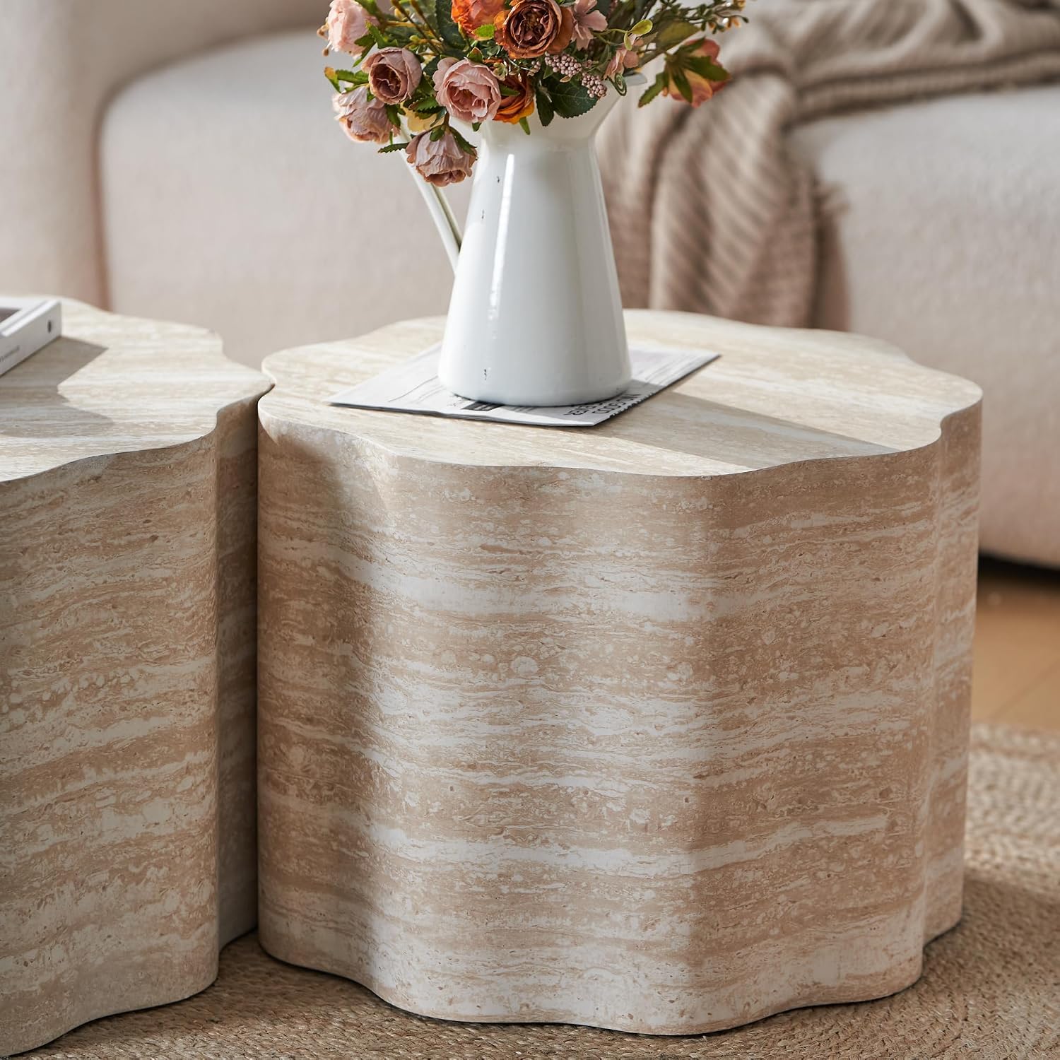 23.6''+26.7'' Set of 2 Faux Mars Pattern Round Coffee Tables, Modern Mini Side Tables Accent End Table for Apartment, Office, Living Room, (Beige Brown)