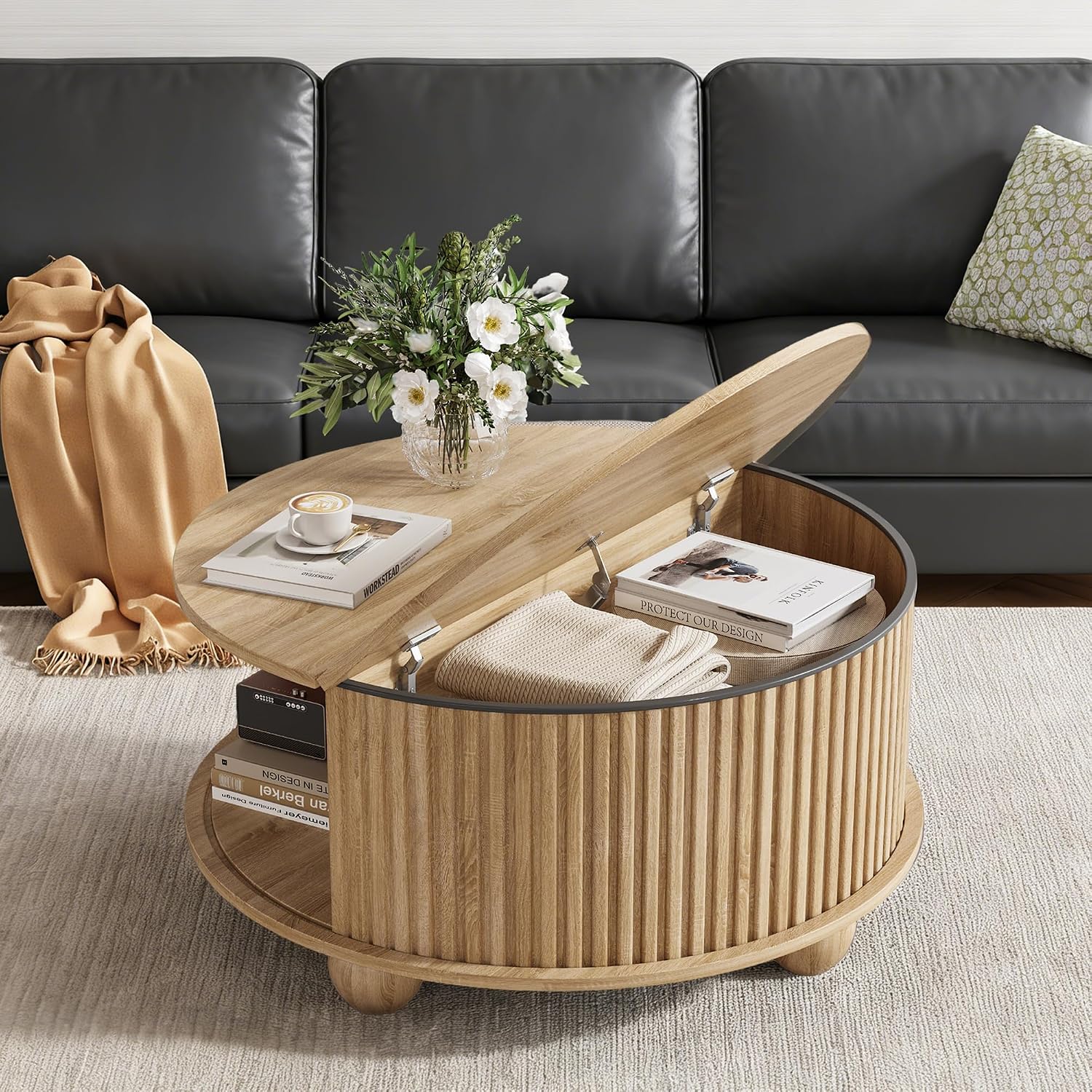 Round Coffee Table with Storage, Fluted Center Table with Sliding Tambour Door and Open Shelves, Mid Century Small Coffee Table for Living Room, Small Space, Natural