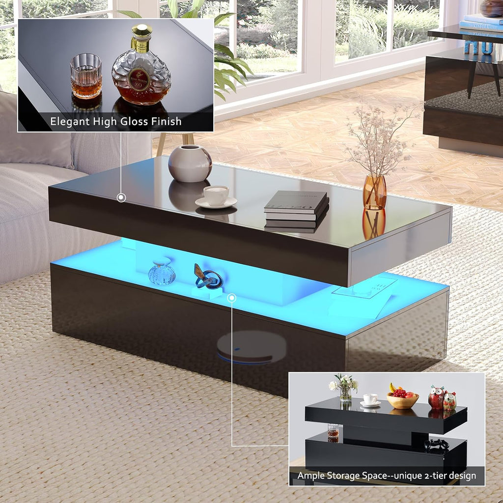 AMERLIFE 3 Piece Modern Living Room Table Set, Includes 70' High Gloss Fireplace TV Stand, 2-Tier Coffee Table, LED Lights Entertainment Center Set for Living Room, Black