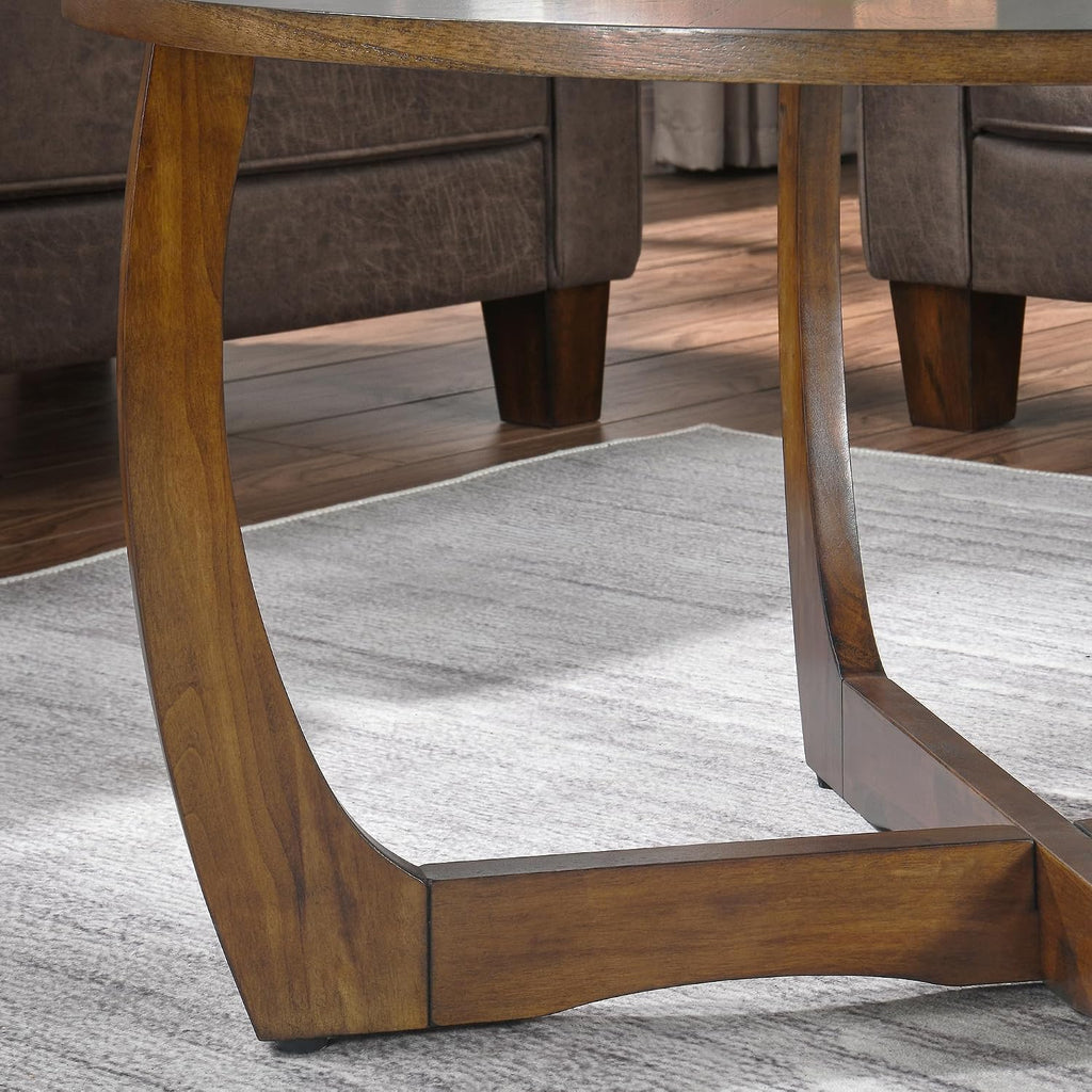 2-Piece Living Room Table Set, Farmhouse Solid Wood Table Set, Included Round Coffee Table and 1 End Table with Criss-Cross Legs for Apartment Home Office, Accent Furniture, Brown Tea