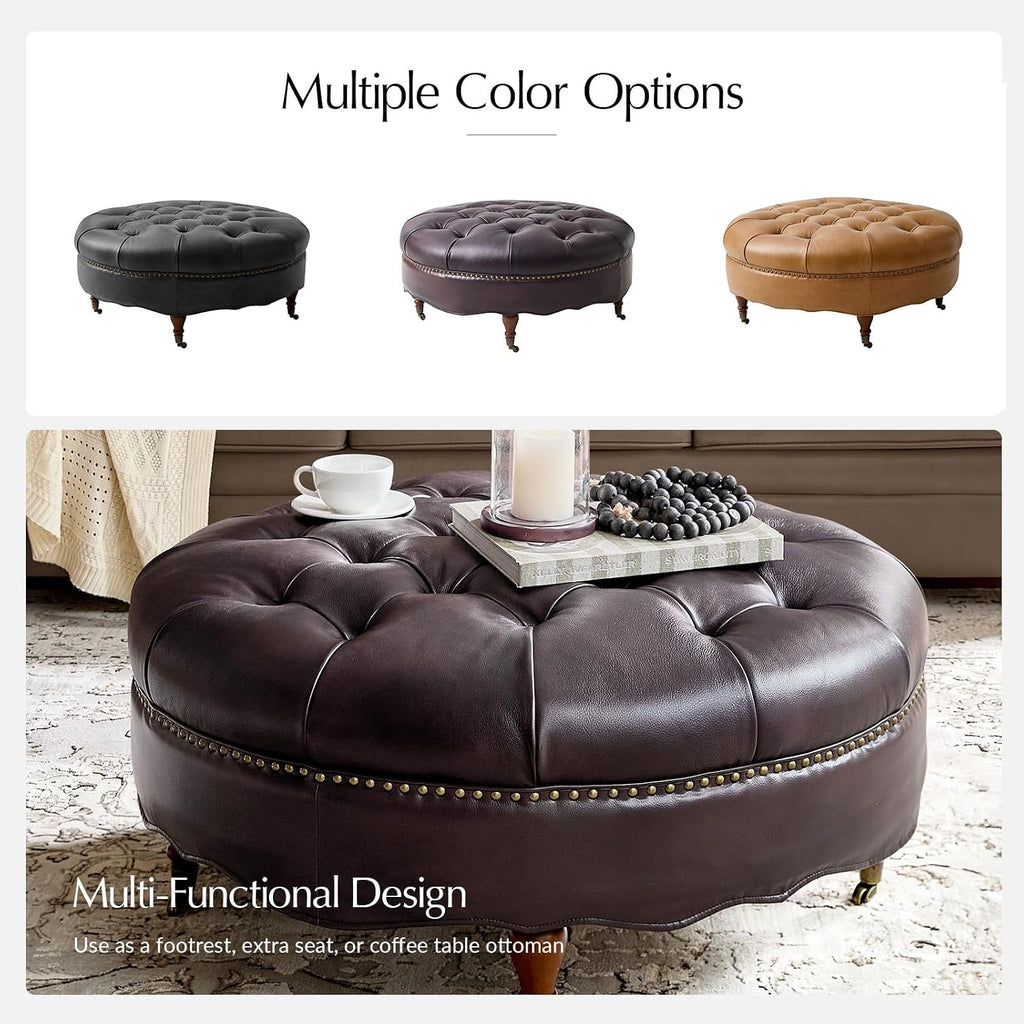 HULALA HOME 40' Genuine Leather Coffee Table, Large Round Button Tufted Coffee Table with Rolling Wheels, Solid Wood Legs, Nailhead Trim, Upholstered Ottoman Seating for Living Room, Espresso
