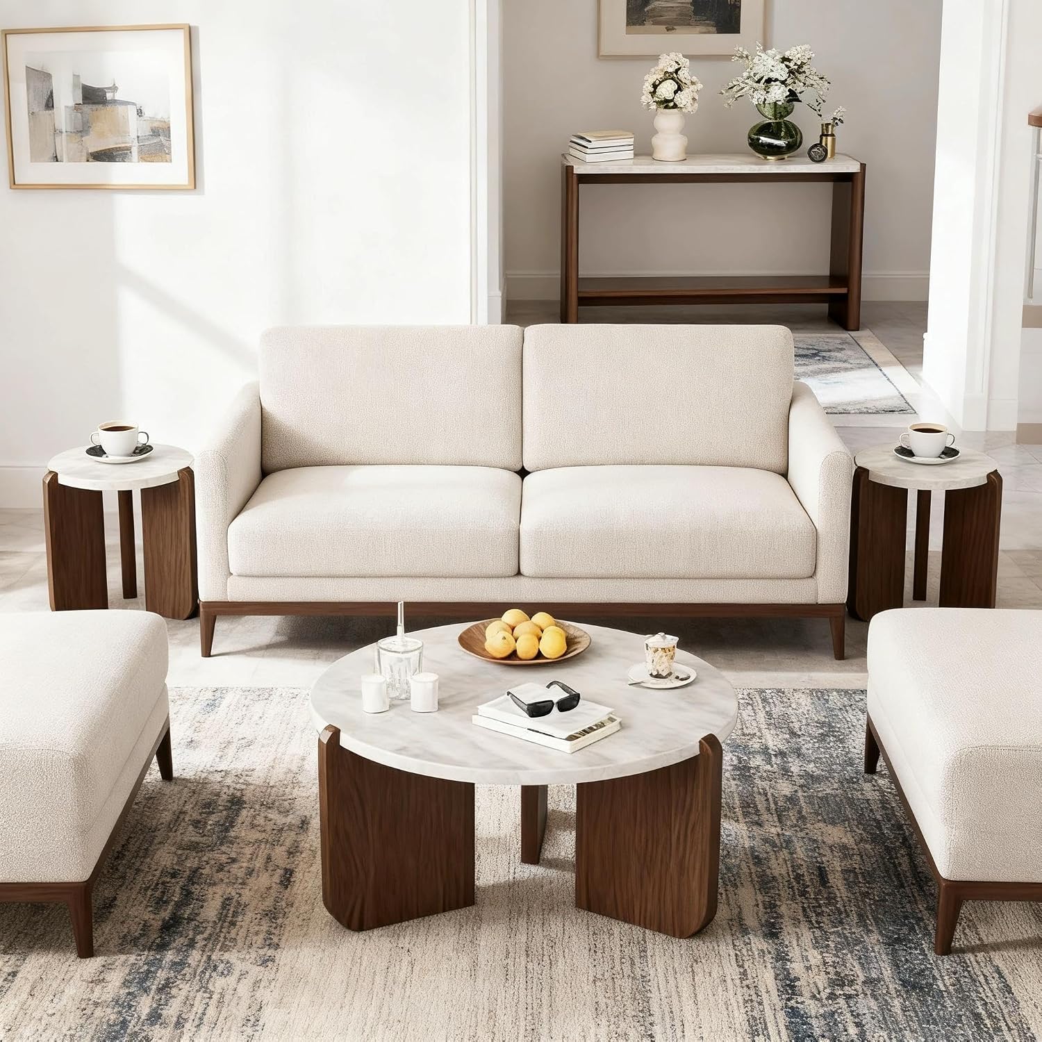 HOMPUS 4-Piece Farmhouse Table Set Includes: 31.5' Coffee Table, Two 17.7' Side Tables & 43.3' Entryway Console Table, Modern Living Room Table Sets for Hallway, Office, Bedroom, Home