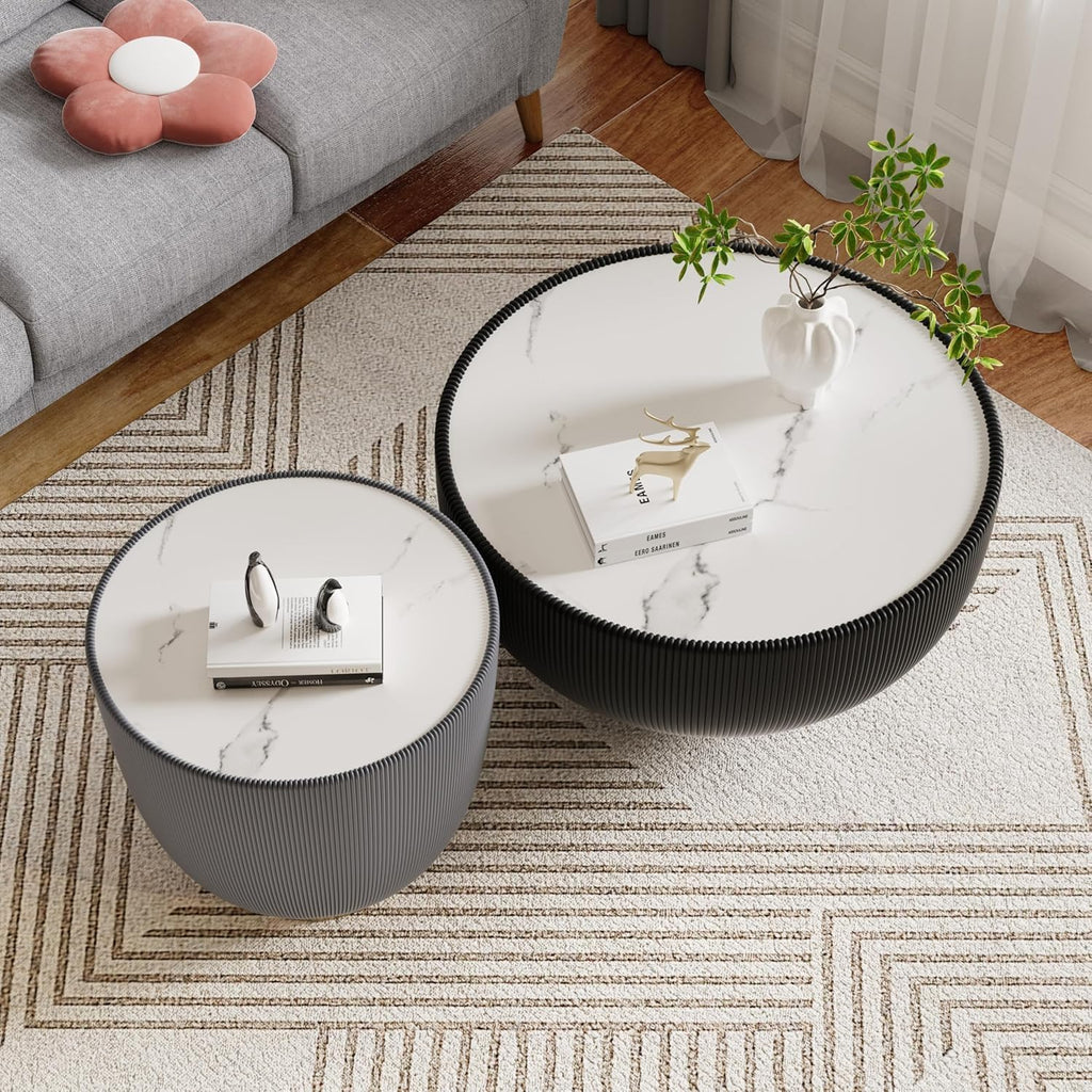Round Coffee Table Set of 2, Sintered Stone Black Coffee Table with Grey End Table, Nesting Tables for Living Room, Accent Side Table for Apartment Home Office, No Need Assembly