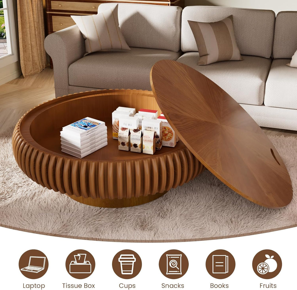 Round Fluted Coffee Table with Storage for Living Room, Modern Wooden Drum Coffee Table with Solid Wood Veneered, Circle Accent Tea Center Table for Small Space Apartmen (Brown, 39.37' with Storage)