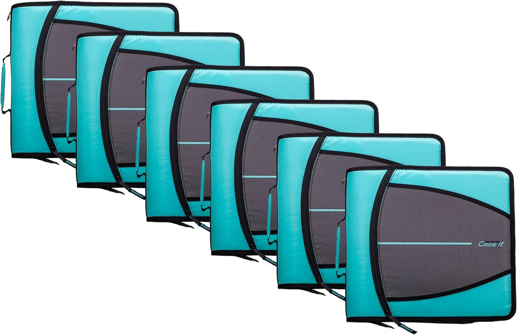 Case-it Mighty Zip Tab School Zipper Binder | 3-Inch O-Rings, 600-Sheet Capacity, 5-Subject Expanding File Folder, Multiple Pockets & Storage Organizer, Shoulder Strap | D-146 Spearmint | 6 Pack