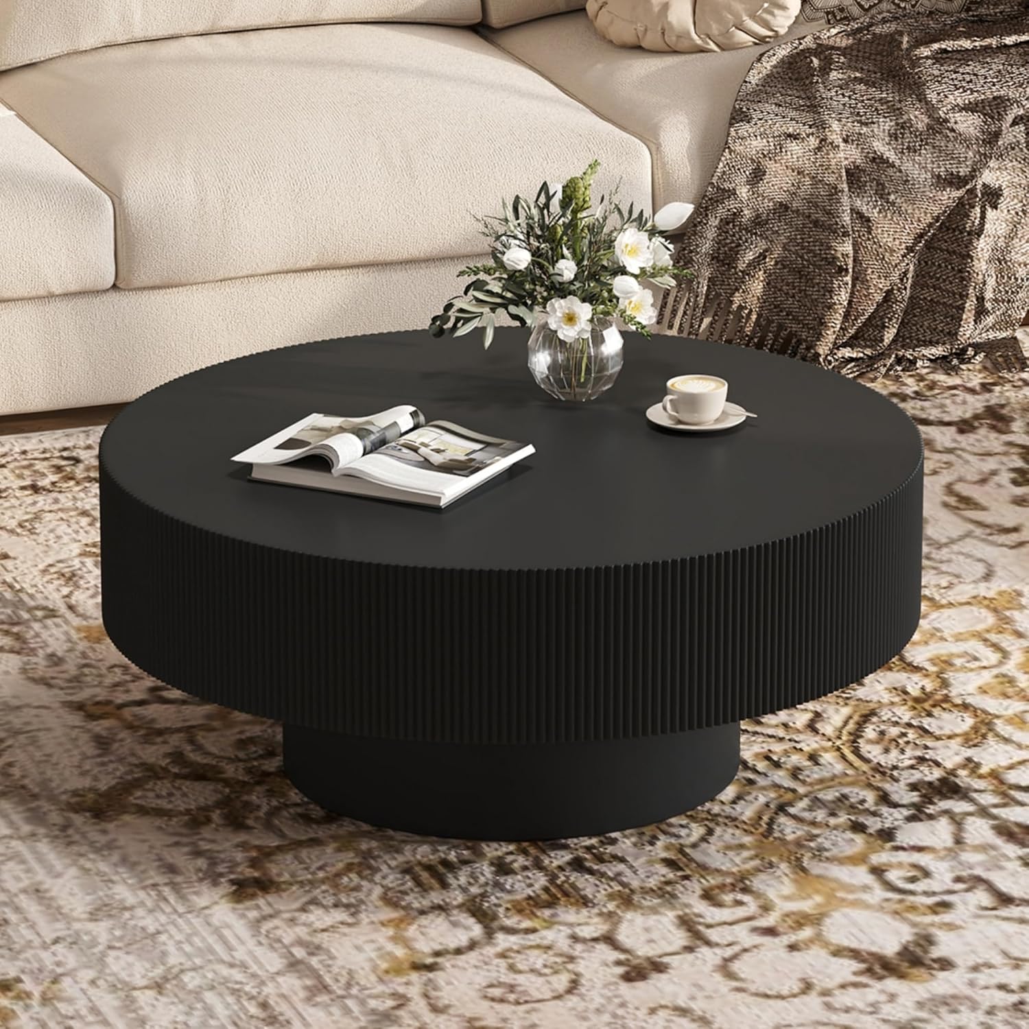 31.5' Wide Round Coffee Table with 6.8' Thick Tabletop, Easy Assembly, Modern Minimalist Wooden Fluted Center Table Black Drum End Table with Sturdy Base for Living Room or Bedroom