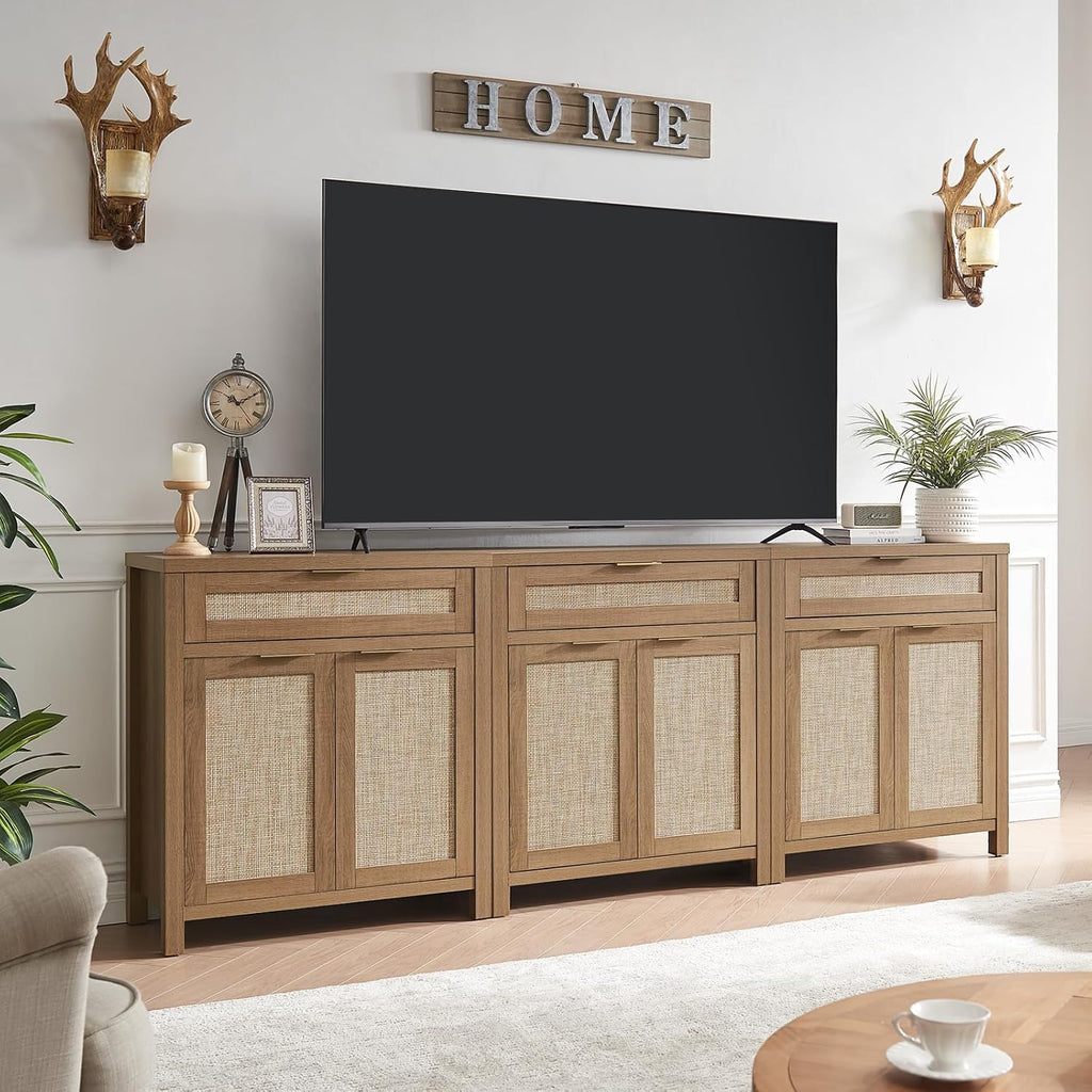 HOKYHOKY Rattan Sideboard Buffet Cabinet Set of 3, Boho Storage Cabinet with Adjustable Shelves, Farmhouse Credenza Coffee Bar Table with Doors & Drawer for Living Room, Hallway & Kitchen