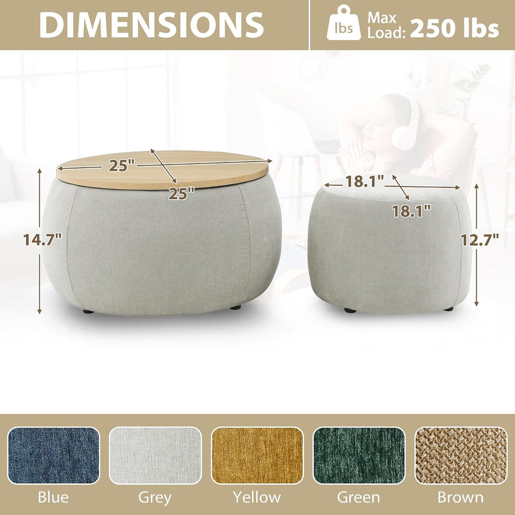 Round Ottoman with Storage Set, 25' +18' Circle Coffee Table Upholstered Nesting Modern End Table Footstool with Removable Wood Tray Chenille for Living Room No Assembly, Light Grey